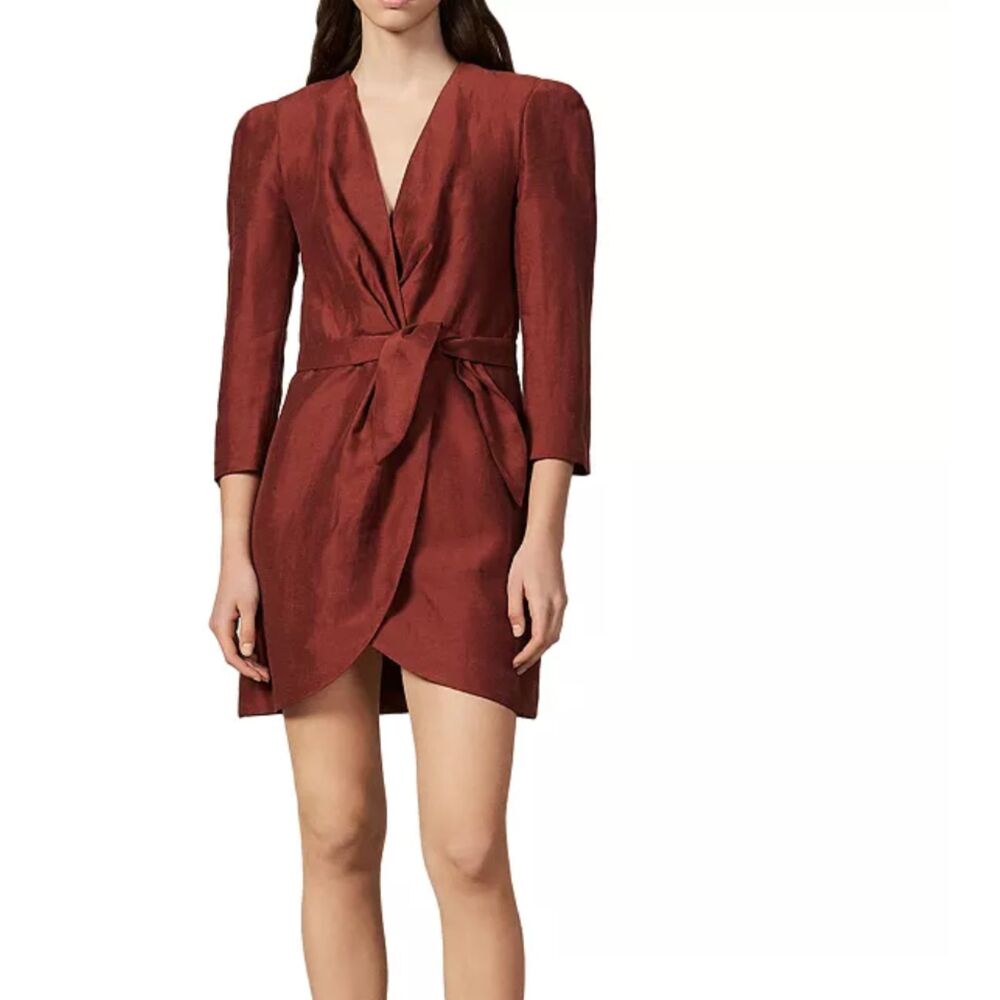 SANDRO Vera Wrap Linen Blend Mini Dress Red Wine Sz 38